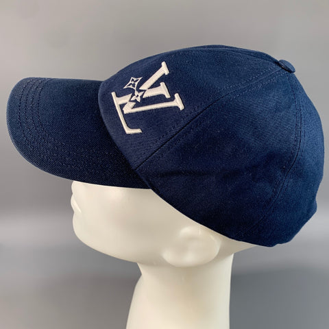 LOUIS VUITTON Size L Navy White Embroidered Cotton Hat