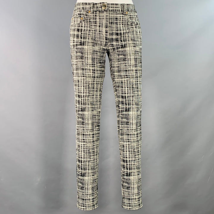 MOSCHINO Size 6 Black White Rayon Crosshatch Five Pocket Skinny Jeans