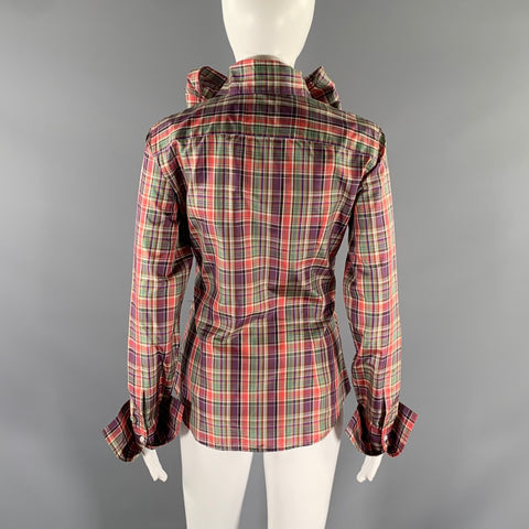 RALPH LAUREN Size 6 Purple Green Silk Plaid Dress Top
