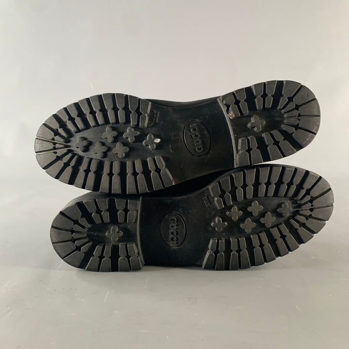 GUCCI Size 7.5 Black Gold Suede Horsebit Flats