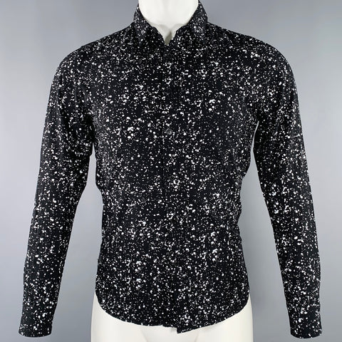 SAINT LAURENT Size S Black White Paint Splatter Cotton Long Sleeve Shirt