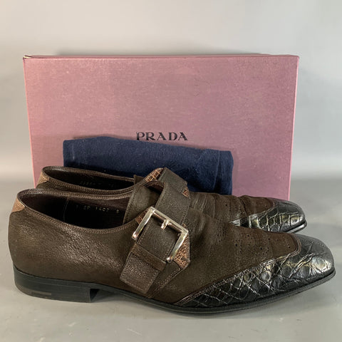 PRADA Size 8 Brown 2P 1403 Leather Monk Strap Loafers