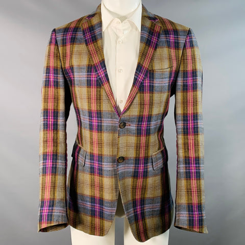 ETRO Size 40 Multi Color Plaid Linen Blend Notch Lapel Sport Coat