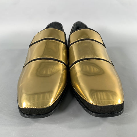 JIMMY CHOO Size 7.5 Gold Black Metallic Leather Slip On Loafers