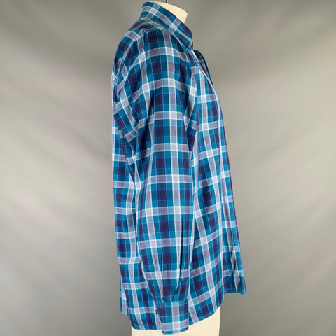 ERMENEGILDO ZEGNA Size XL Blue Plaid Cotton Button Up Long Sleeve Shirt