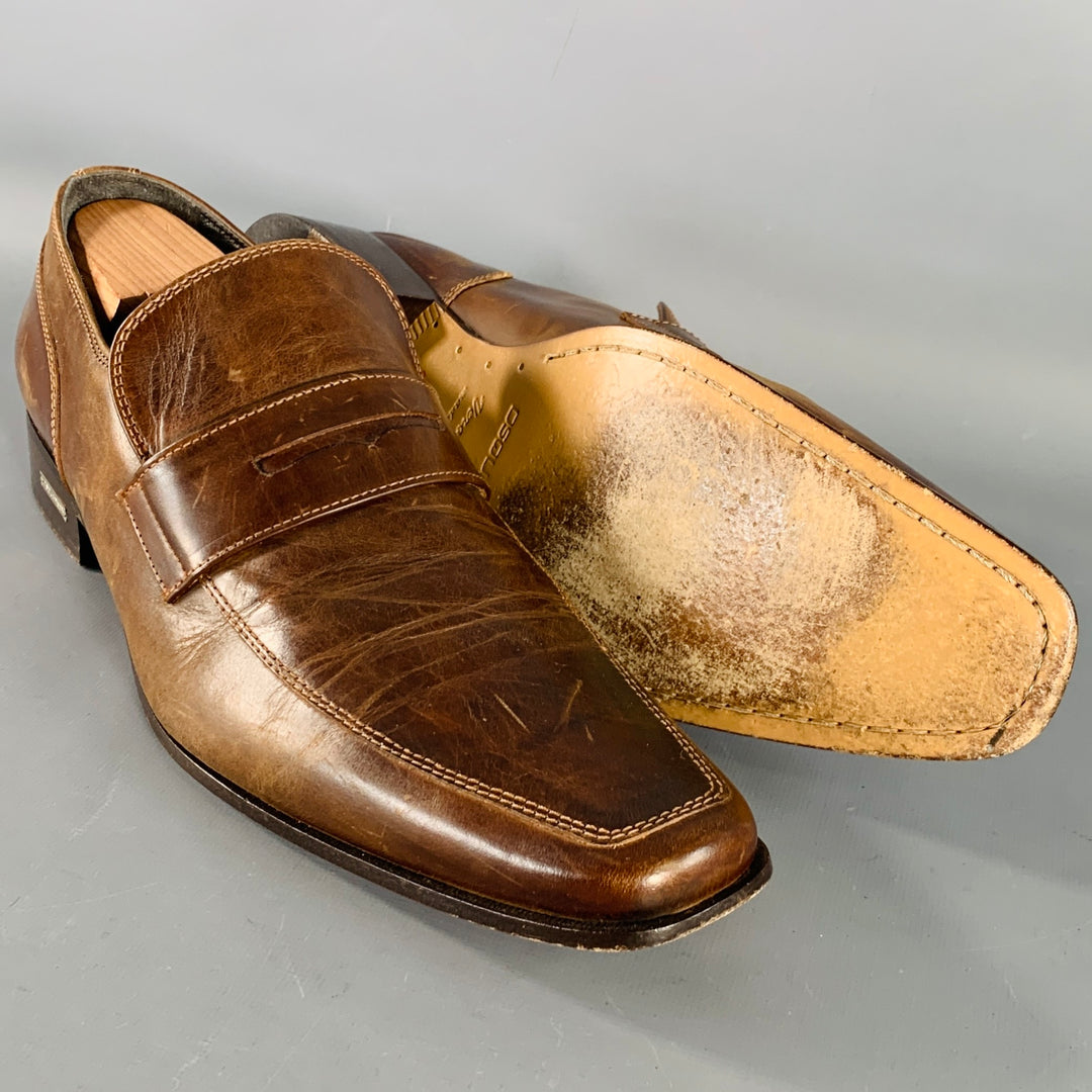 DSQUARED2 Size 12 Brown Leather Square Toe Penny Loafers