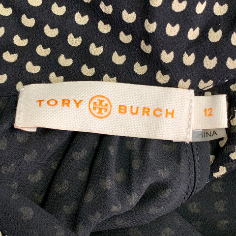 TORY BURCH Size 12 Black Cream Silk Blend Dots High Neck Blouse Casual Top