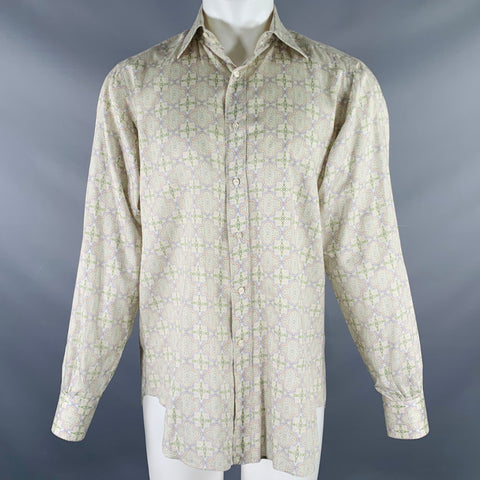 ETRO Size M Green Blue Print Cotton Button Up Long Sleeve Shirt