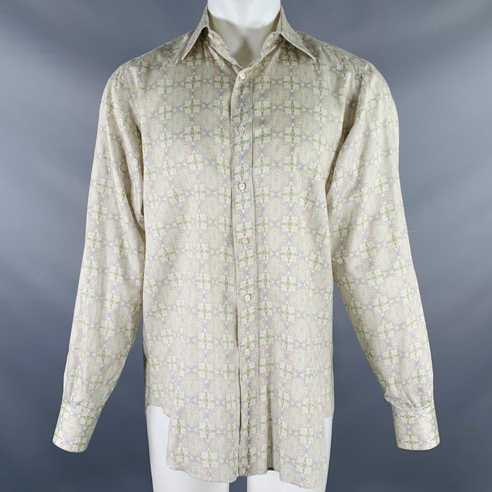 ETRO Size M Green Blue Print Cotton Button Up Long Sleeve Shirt