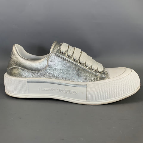 ALEXANDER MCQUEEN Size 9 Silver White Metallic Leather Lace Sneakers