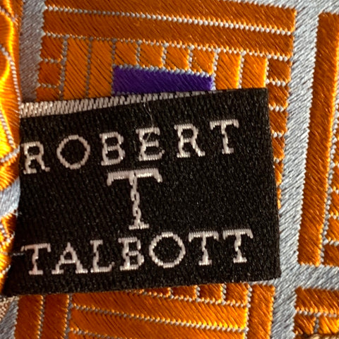 ROBERT TALBOTT Orange Blue & Silver Geometric Silk Tie