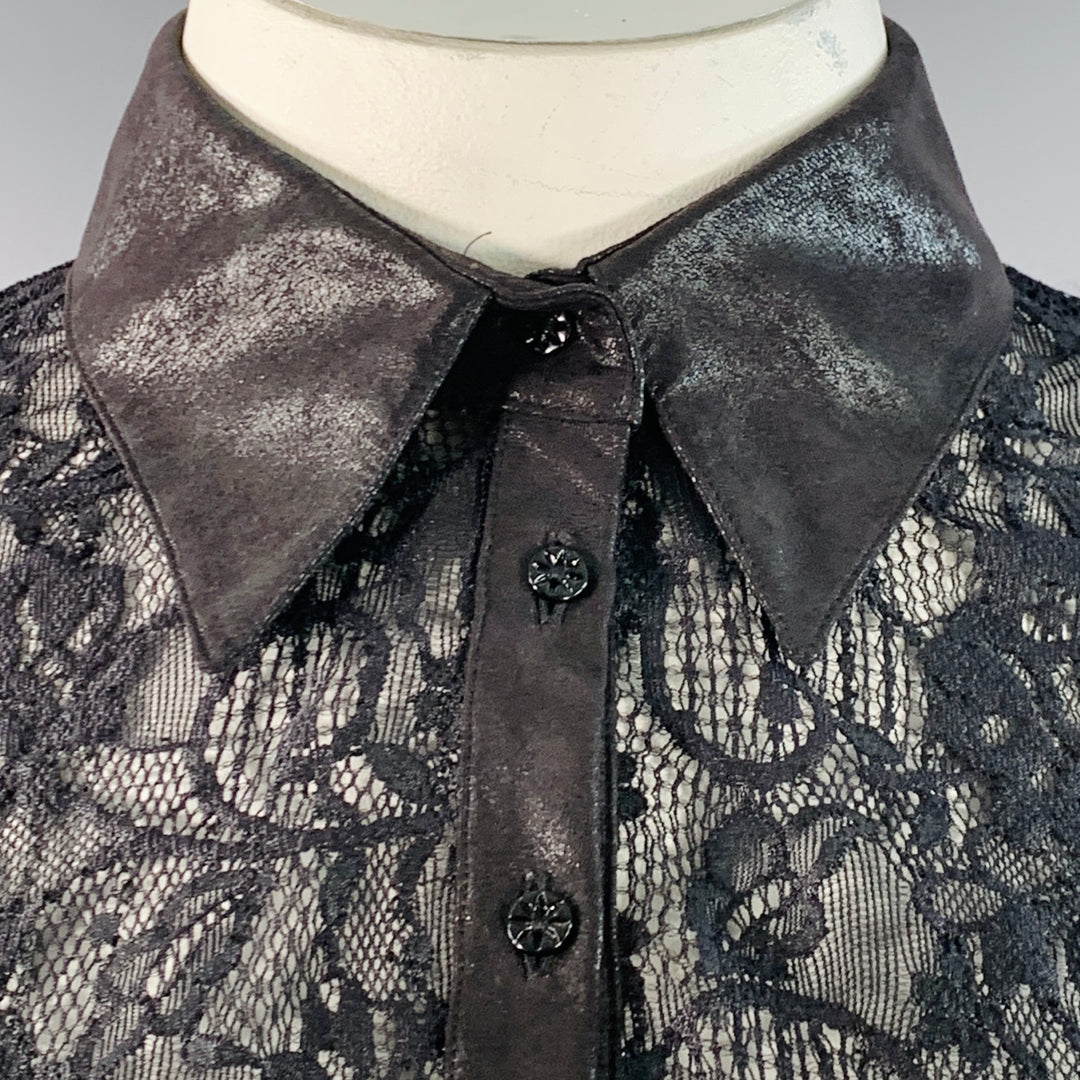 ANNE FONTAINE Size XL Carine Black Polyamide Blend Lace Faux Leather Contrast Trim Blouse