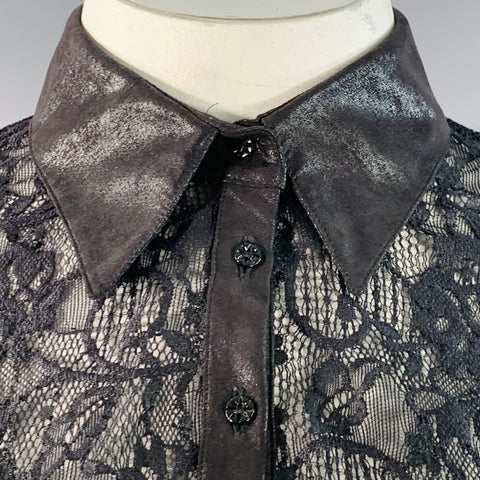 ANNE FONTAINE Size XL Carine Black Polyamide Blend Lace Faux Leather Contrast Trim Blouse