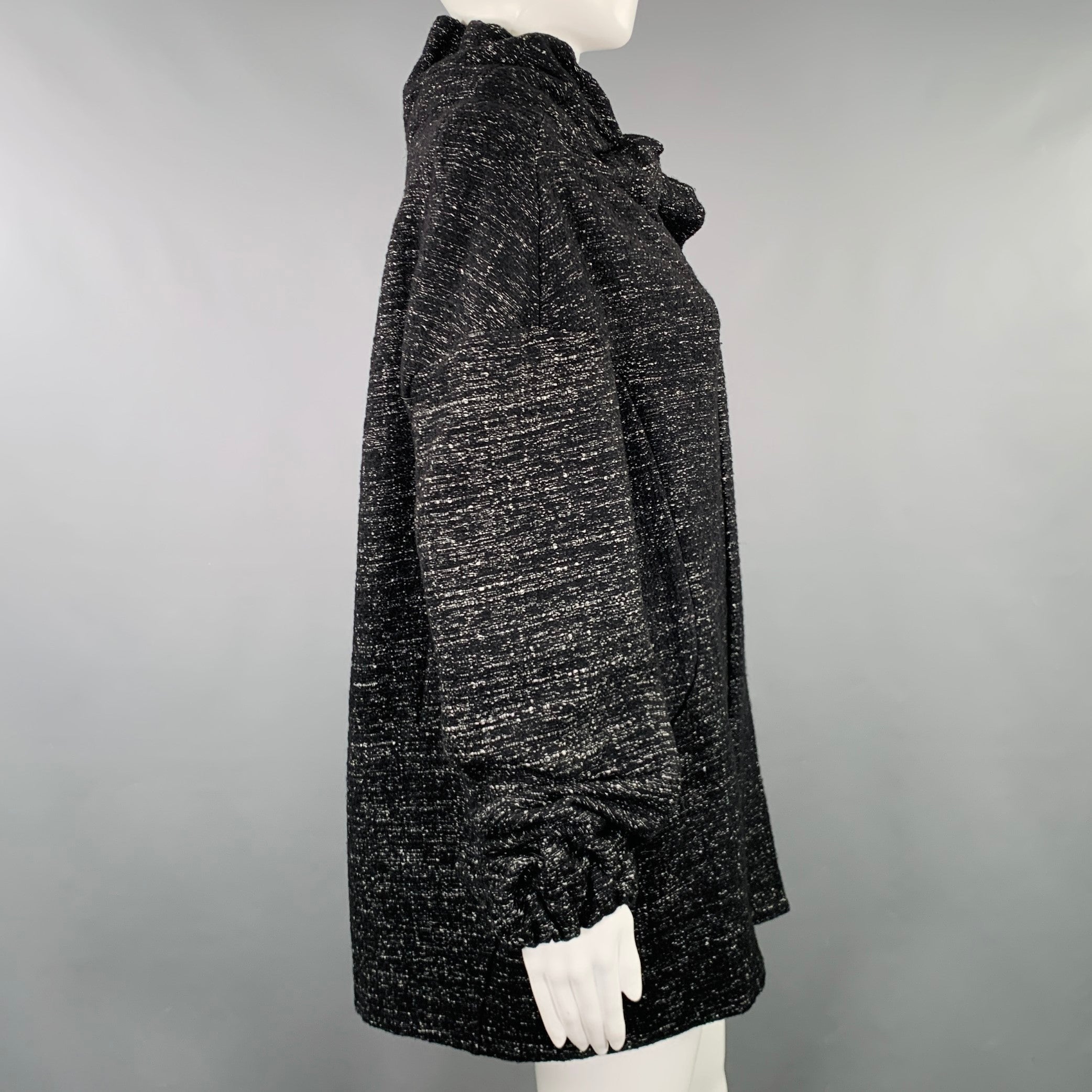 MARNI Size 8 Black White Wool Blend Woven Ruched Zip Up Coat MARNI Size 8 Black White Wool Blend Woven Ruched Zip Up Coat