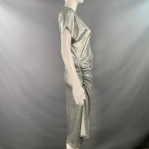 PACO RABANNE Size 4 Silver Viscose Blend Cap Sleeves Asymmetrical Midi Cocktail Dress