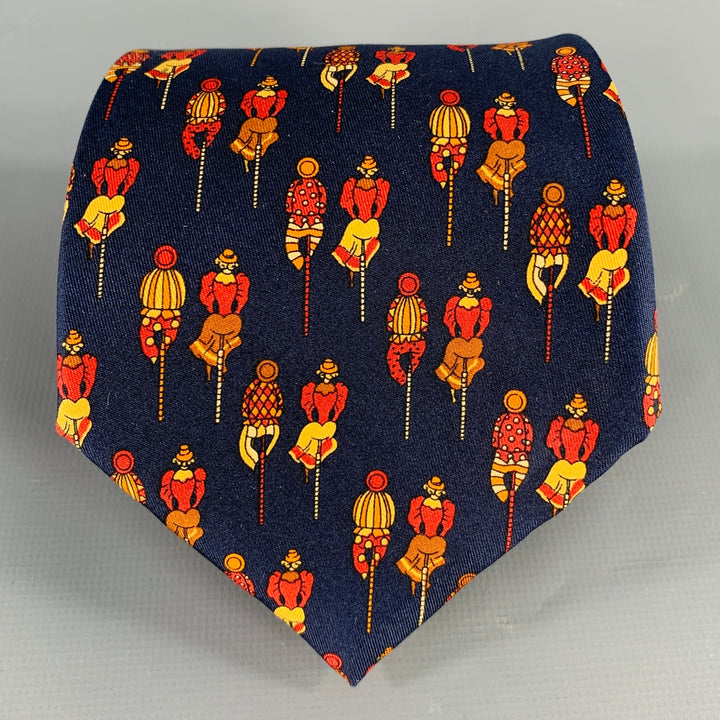 SALVATORE FERRAGAMO Navy Burgundy Figures Silk Tie