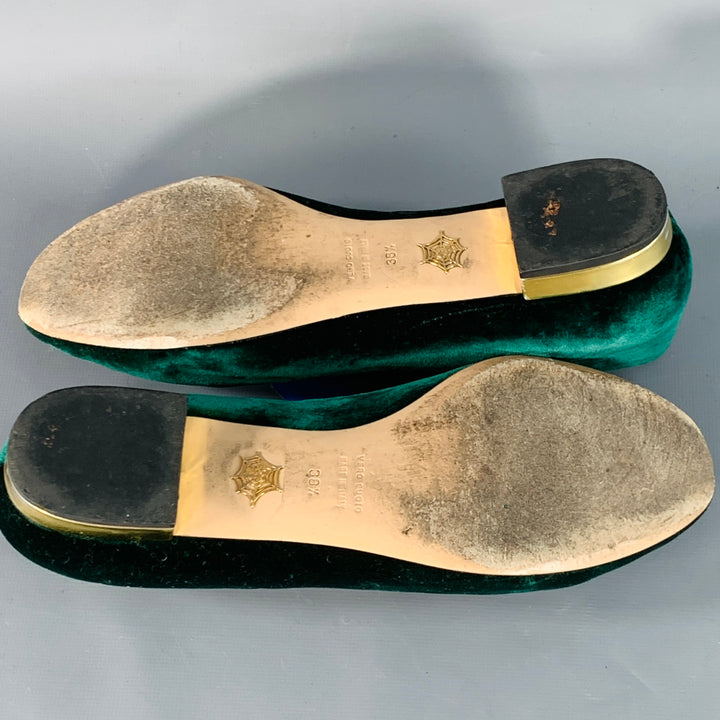 CHARLOTTE OLYMPIA Size 8.5 Green Gold Velvet Embroidered Kitty Slip On Flats