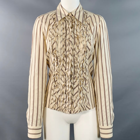 BRIONI Size M Cream Brown Silk Stripe Ruffled Blouse