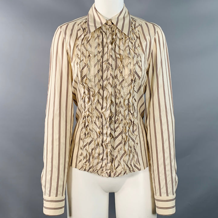 BRIONI Size M Cream Brown Silk Stripe Ruffled Blouse