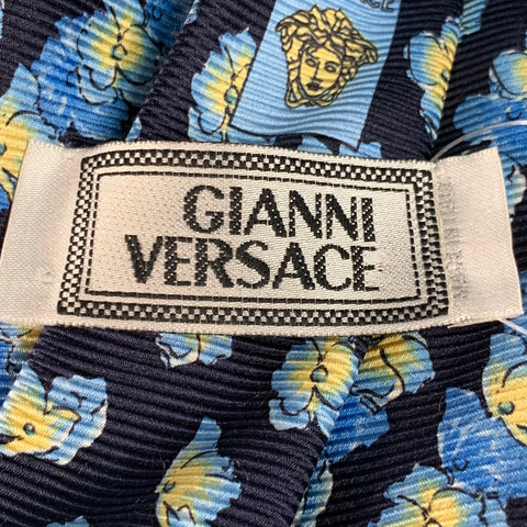 GIANNI VERSACE One Size Navy Yellow Floral Silk Tie