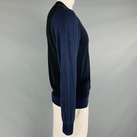 LANVIN Taille L Noir Violet Color Block Laine Col V Cardigan
