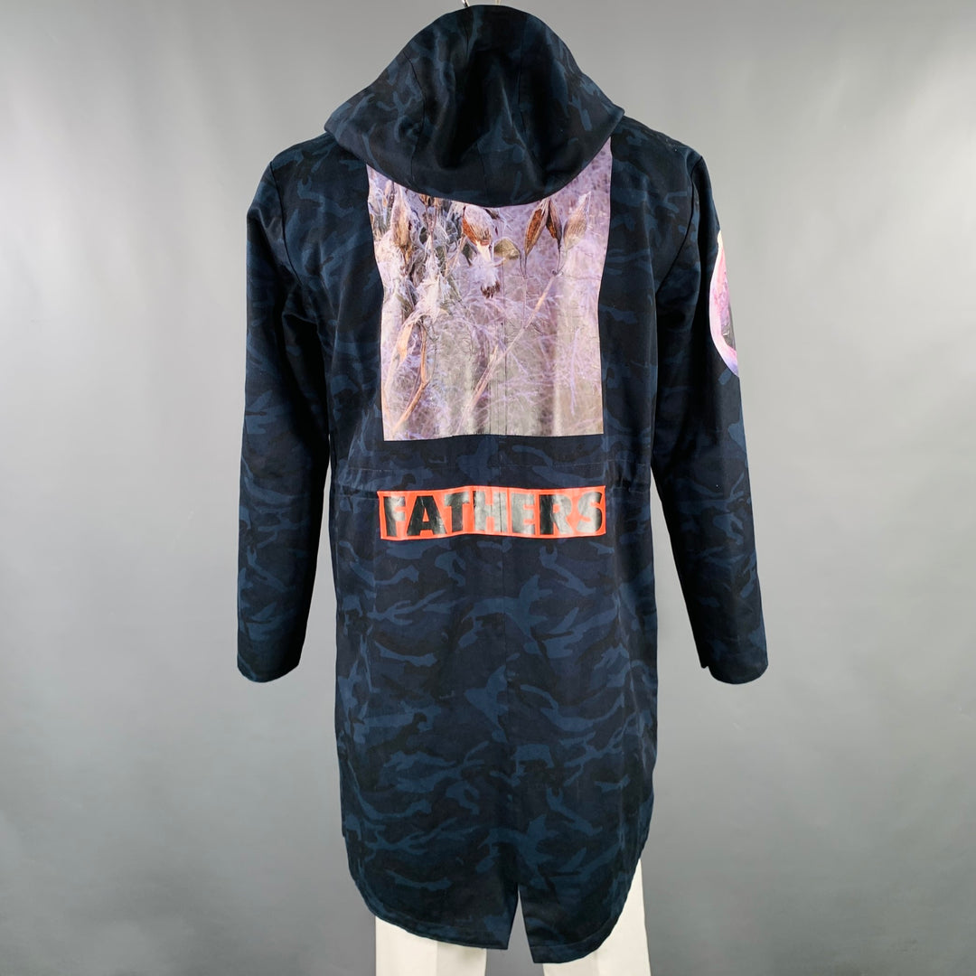RAF SIMONS Size 42 Navy Black Camo Cotton Hooded Coat