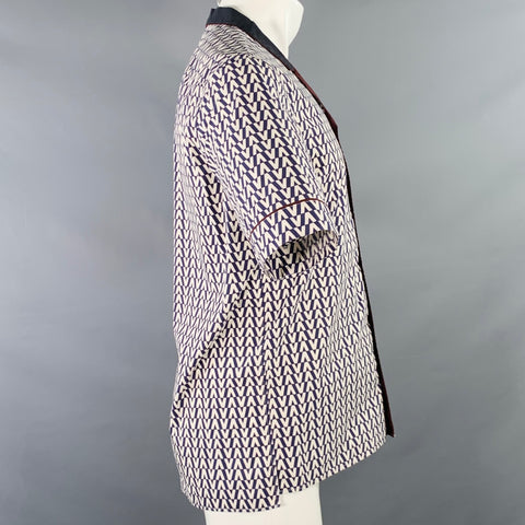 VALENTINO Size S Navy White Burgundy Monogram Cotton Camp Short Sleeve Shirt