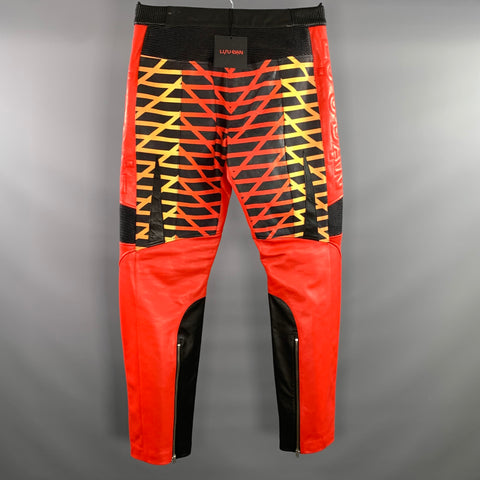 LU'U-DAN Size 32 Red Multi-Color Patchwork Leather Biker Casual Pants