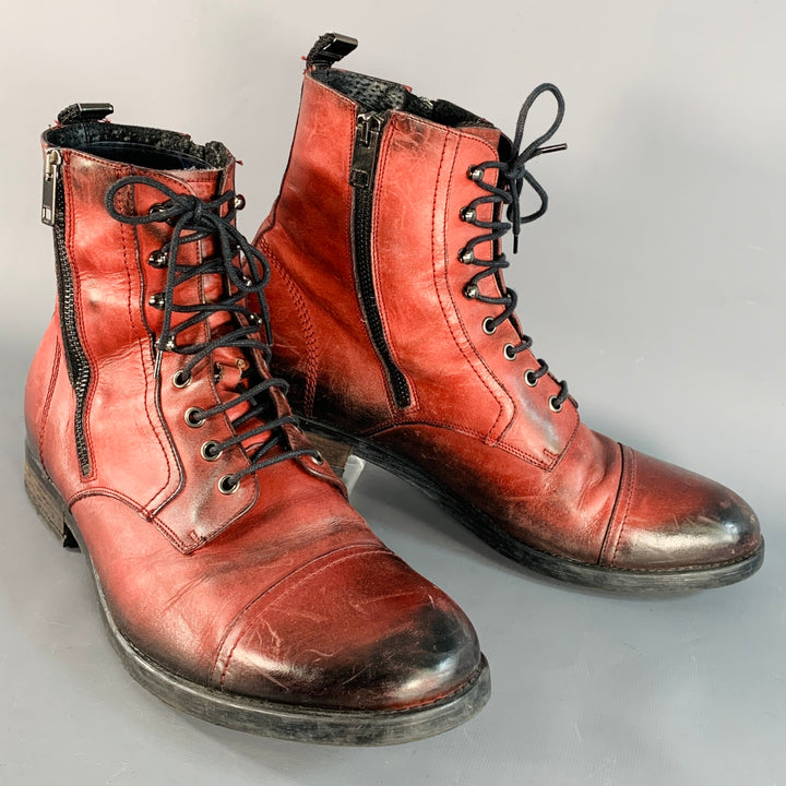 DIESEL Size 11 Burgundy Black Distressed Leather Double Zipper Boots