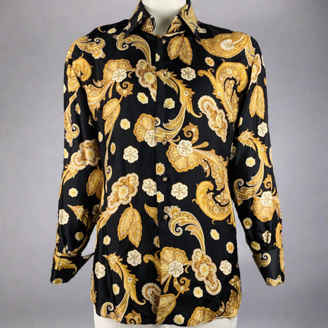 BILLIONAIRE COUTURE Size XL Black Gold Paisley Silk Long Sleeve Shirt