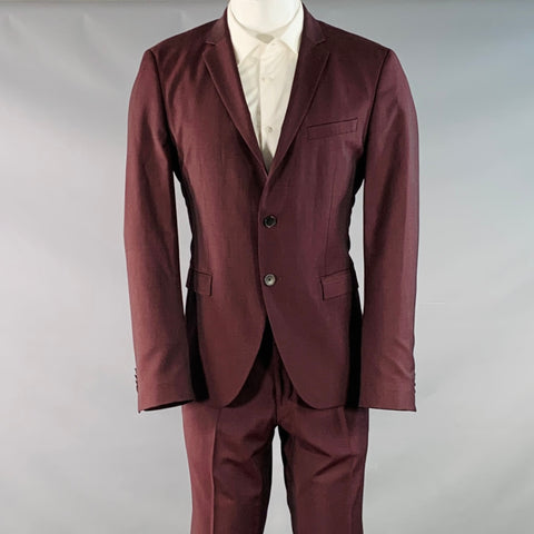 HUGO BOSS Size 40 Burgundy Virgin Wool Mohair Single Breasted Notch Lapel Suit