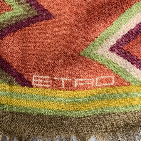 ETRO Green Brick Red Mixed Pattern Wool Blend Scarf