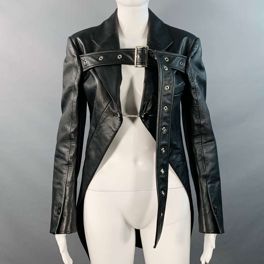 BURBERRY Size 4 Black Leather Biker Belted Coattails Jacket