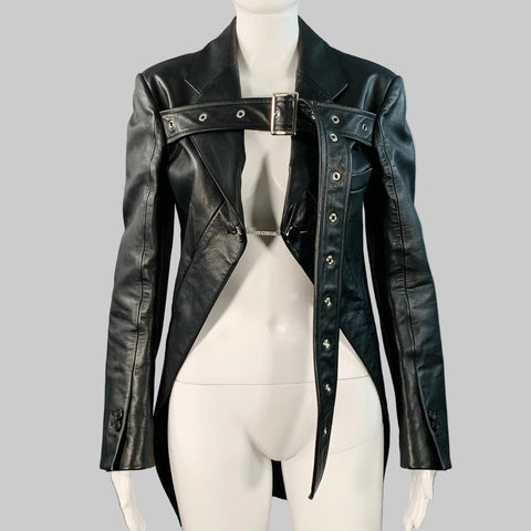 BURBERRY Size 4 Black Leather Biker Belted Coattails Jacket