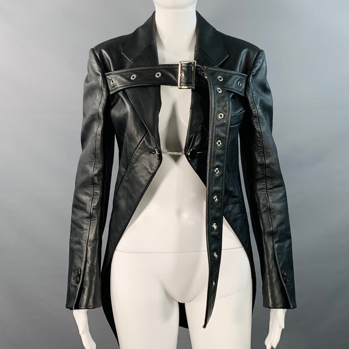 BURBERRY Size 4 Black Leather Biker Belted Coattails Jacket
