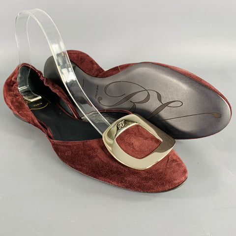 ROGER VIVIER Size 10 Burgundy Silver Buckle Suede Flats