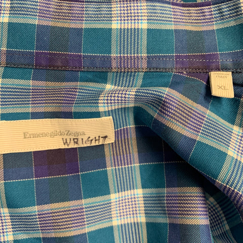 ERMENEGILDO ZEGNA Size XL Blue Plaid Cotton Button Up Long Sleeve Shirt