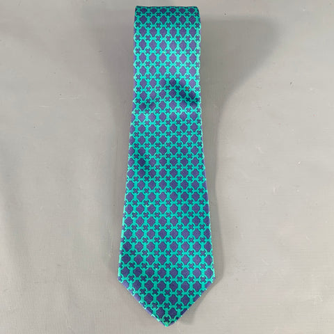 HERMES Navy Green Woven Chain Silk Tie