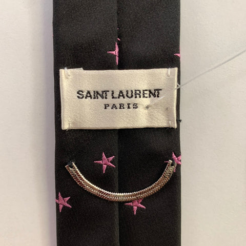 SAINT LAURENT Skinny Black Pink Stars Silk Tie