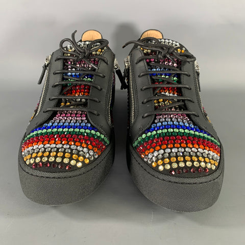 GIUSEPPE ZANOTTI Size 13 Black Multi Color Studded Mixed Fabrics Zip Sneakers