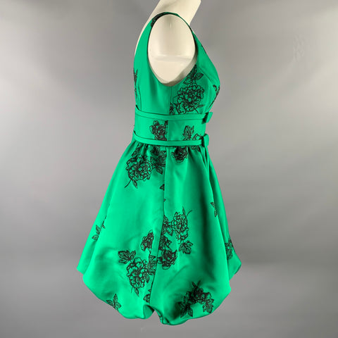 MARCHESA Size 2 Green Black Polyester Floral Bubble Hem Knee-Length Dress