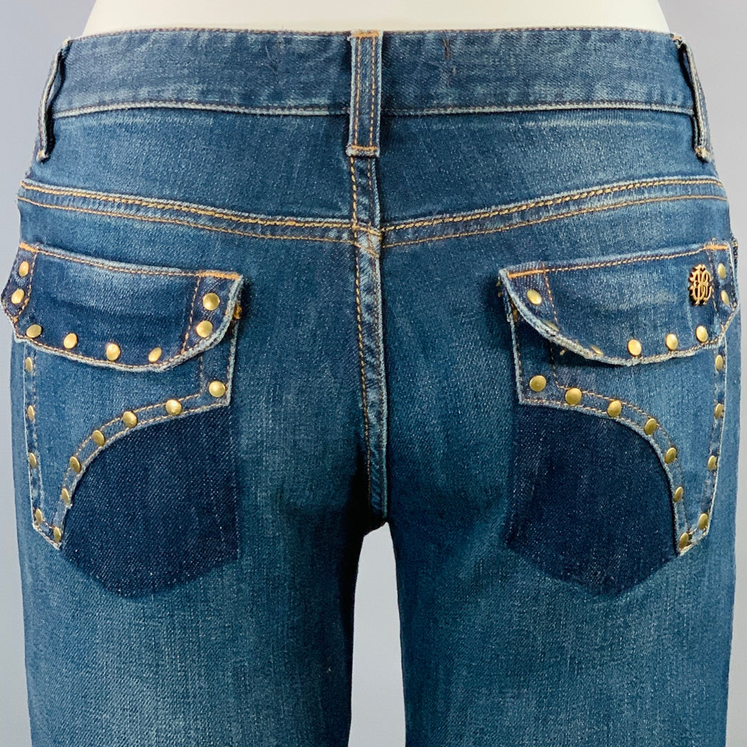 ROBERTO CAVALLI Size 2 Blue Cotton Blend Low Rise Studded Twill Flared Jeans
