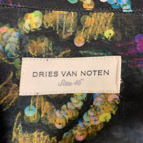 DRIES VAN NOTEN Size XS Black Multi Color Floral Sequined Long Sleeve Shirt