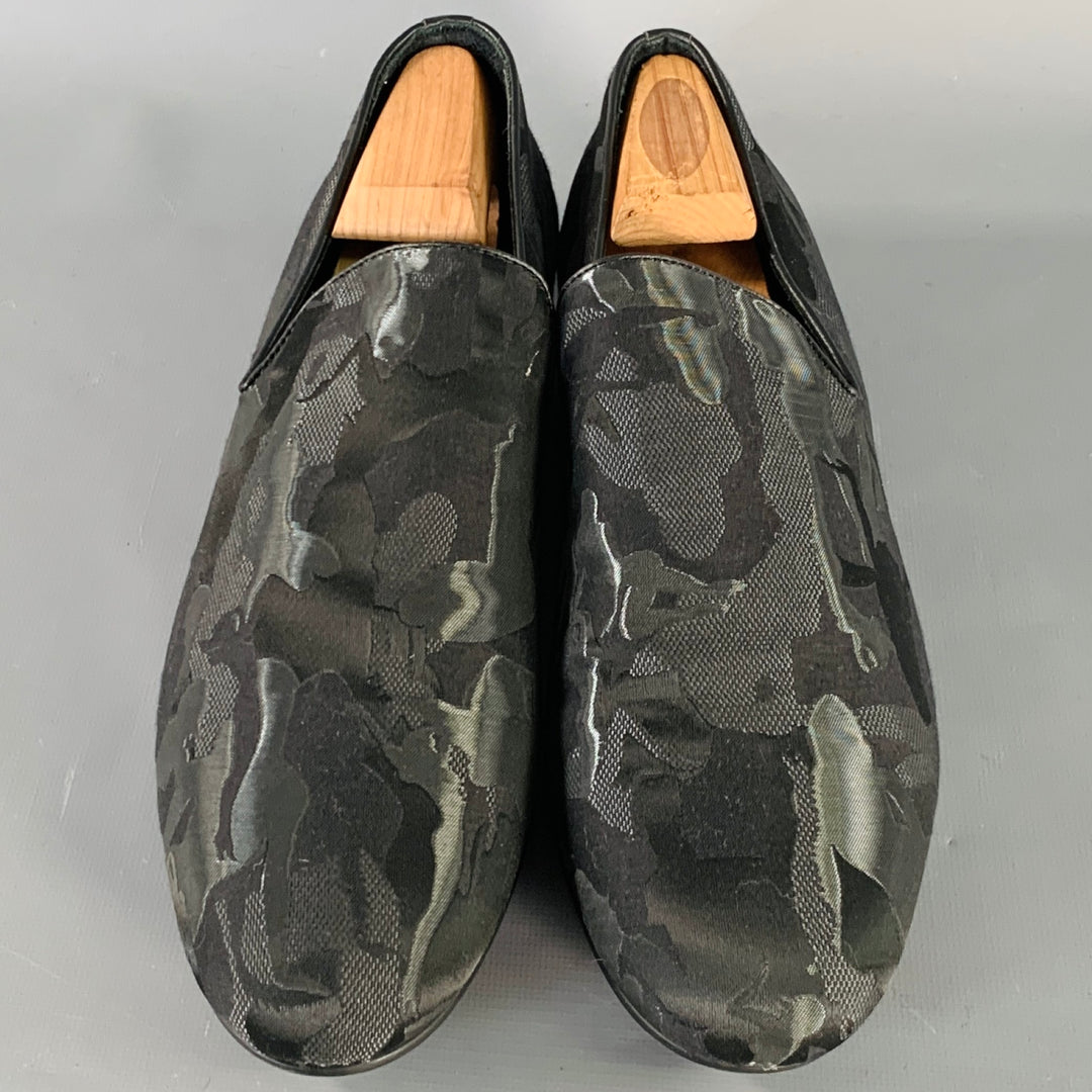 JIMMY CHOO Size 8 Black Grey Camouflage Figures Canvas Slip On Loafers