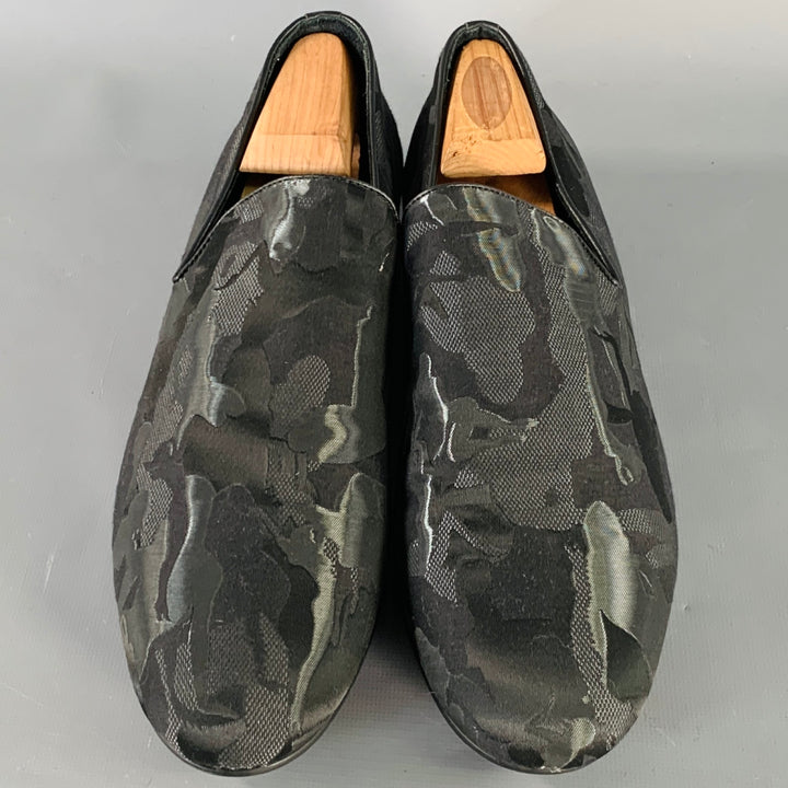 JIMMY CHOO Size 8 Black Grey Camouflage Figures Canvas Slip On Loafers