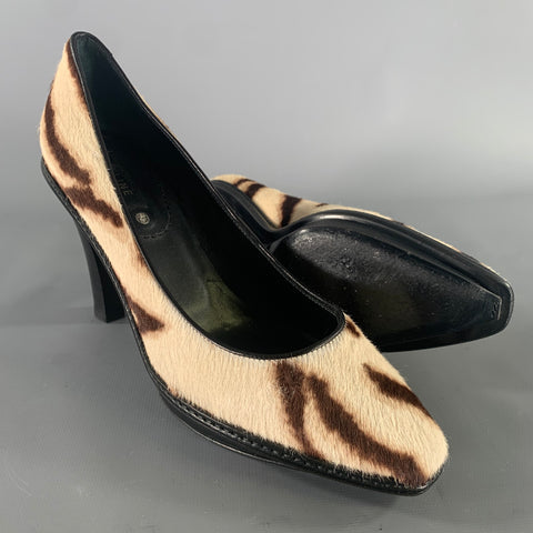 CELINE Size 7 Cream Brown Animal Print Calf hair Pointed Toe Pumps