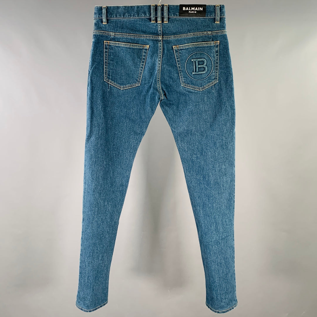 BALMAIN Size 32 Blue Contrast Stitch Cotton Blend Skinny Button Fly Jeans