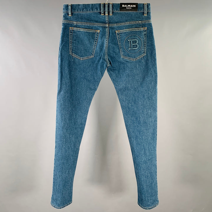 BALMAIN Size 32 Blue Contrast Stitch Cotton Blend Skinny Button Fly Jeans