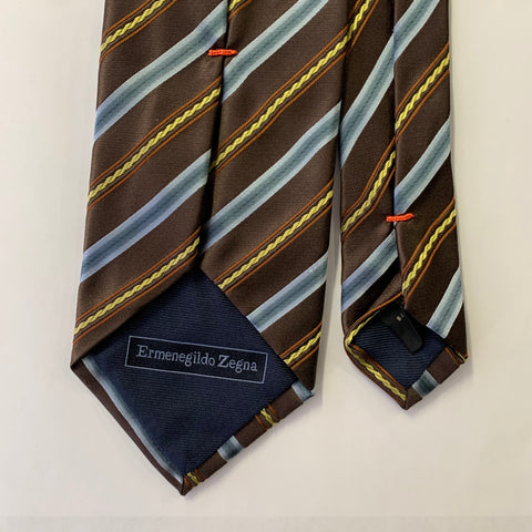 ERMENEGILDO ZEGNA Brown Blue Stripe Silk Cotton Tie