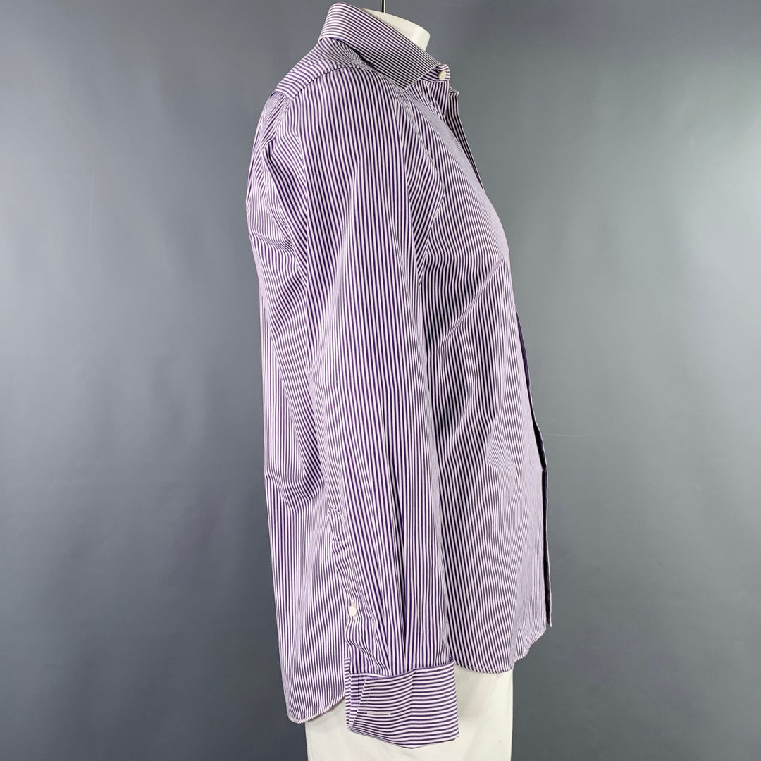 CANALI Size L White Purple Stripe Cotton French Cuff Long Sleeve Shirt